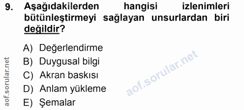 9. soru: Aşağıdakilerden hangisi izlenimleri bütünleştirmeyi sağlayan unsurlardan biri değildir? A) Değerlendirme B) Duygusal…