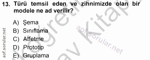 13. soru: Türü temsil eden ve zihnimizde olan bir modele ne ad verilir? A) Şema B) Sınıflama C) Atfetme orular.net D) Prototip…