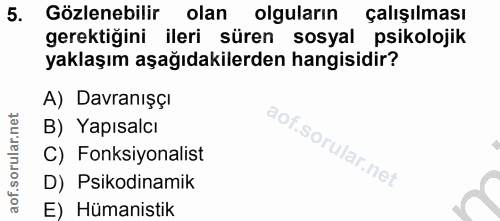 5. soru: Gözlenebilir olan olguların çalışılması gerektiğini ileri süren sosyal psikolojik yaklaşım aşağıdakilerden hangisidir…