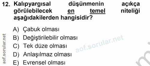 12. soru: Kalıpyargısal düşünmenin açıkça görülebilecek en temel niteliği aşağıdakilerden hangisidir? A) Çabuk olması B) Değişt…