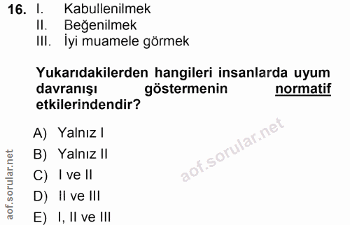 16. soru: I. Kabullenilmek Il. Beğenilmek Ill. Iyi muamele görmek Yukarıdakilerden hangileri insanlarda uyum davranışı gösterme…