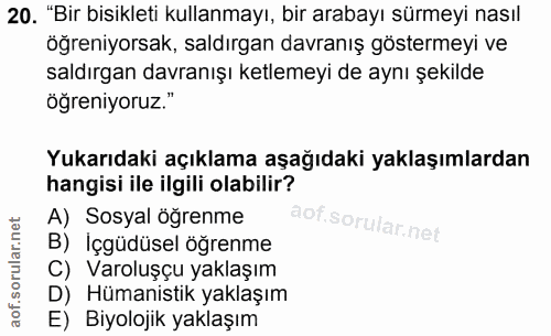 20. soru: "Bir bisikleti kullanmayı, bir arabayı sürmeyi nasıl öğreniyorsak, saldırgan davranış göstermeyi ve saldırgan davranı…