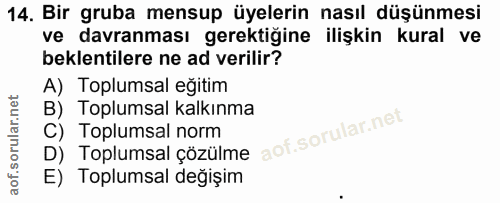 14. soru: Bir gruba mensup üyelerin nasıl düşünmesi ve davranması gerektiğine ilişkin kural ve beklentilere ne ad verilir? A) T…