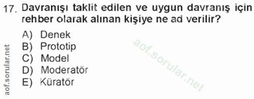 17. soru: Davranışı taklit edilen ve uygun davranış için rehber olarak alınan kişiye ne ad verilir? A) Denek B) Prototip C) Mod…