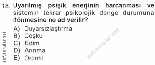18. soru: Uyarılmış psişik enerjinin harcanması ve sistemin tekrar psikolojik denge durumuna dönmesine ne ad verilir? A) Duyars…