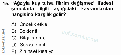 15. soru: "Ağzıyla kuş tutsa fikrim değişmez" ifadesi şemalarla ilgili aşağıdaki kavramlardan hangisine karşılık gelir? A) Önce…