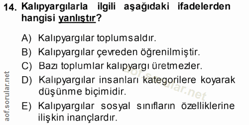 14. soru: Kalıpyargılarla ilgili aşağıdaki ifadelerden hangisi yanlıştır? A) Kalıpyargılar toplumsaldır. B) Kalıpyargılar çevre…