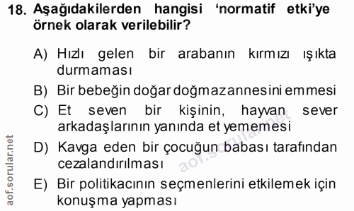 18. soru: Aşağıdakilerden hangisi 'normatif etki'ye örnek olarak verilebilir? A) Hızlı gelen bir arabanın kırmızı ışıkta durmam…