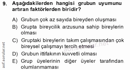 9. soru: Aşağıdakilerden hangisi grubun uyumunu artıran faktörlerden biridir? A) Grubun çok az sayıda bireyden oluşması B) Gru…