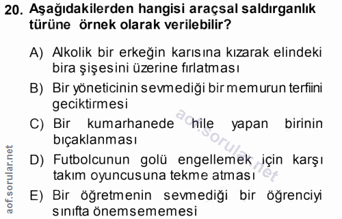 20. soru: Aşağıdakilerden hangisi araçsal saldırganlık türüne örnek olarak verilebilir? A) Alkolik bir erkeğin karısına kızarak…