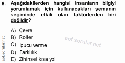 6. soru: Aşağıdakilerden hangisi insanların bilgiyi yorumlamak için kullanacakları şemanın seçiminde etkili olan faktörlerden…