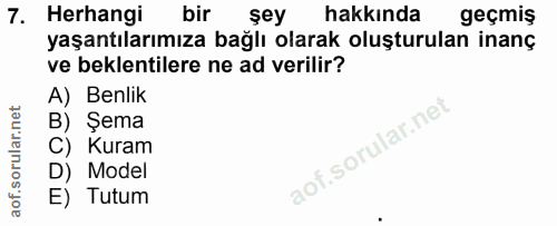 7. soru: Herhangi bir şey hakkında geçmiş yaşantılarımıza bağlı olarak oluşturulan inanç ve beklentilere ne ad verilir? A) Ben…