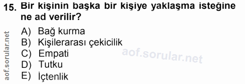 15. soru: Bir kişinin başka bir kişiye yaklaşma isteğine ne ad verilir? A) Bağ kurma B) Kişilerarası çekicilik C) Empati D) Tut…