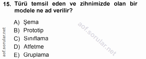 15. soru: Türü temsil eden ve zihnimizde olan bir modele ne ad verilir? A) Şema B) Prototip C) Sıniflama D) Atfetme E) Gruplama