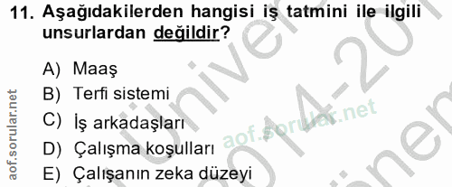 11. soru: Aşağıdakilerden hangisi iş tatmini ile ilgili unsurlardan değildir? A) Maaş B) Terfi sistemi Wds.net C) İş arkadaşlar…