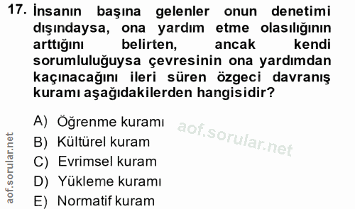 17. soru: Insanın başına gelenler onun denetimi dışındaysa, ona yardım etme olasılığının arttığını belirten, ancak kendi soruml…