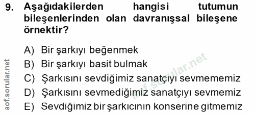 9. soru: Aşağıdakilerden hangisi tutumun bileşenlerinden olan davranışsal bileşene örnektir? A) Bir şarkıyı beğenmek B) Bir şa…
