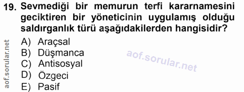19. soru: Sevmediği bir memurun terfi kararnamesini geciktiren bir yöneticinin uygulamış olduğu saldırganlık türü aşağıdakilerd…