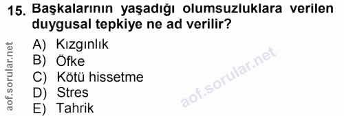 15. soru: Başkalarının yaşadığı olumsuzluklara verilen duygusal tepkiye ne ad verilir? A) Kızgınlık B) Öfke C) Kötü hissetme D)…