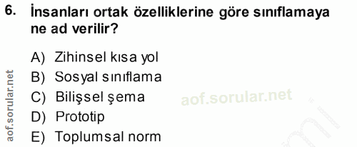 6. soru: İnsanları ortak özelliklerine göre sınıflamaya ne ad verilir? A) Zihinsel kısa yol B) Sosyal sınıflama C) Bilişsel şe…