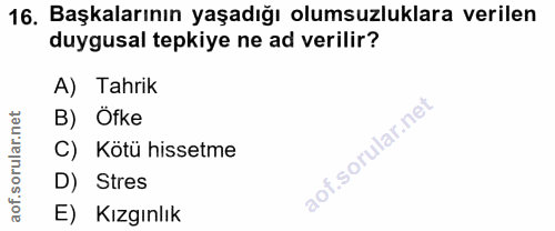 16. soru: Başkalarının yaşadığı olumsuzluklara verilen duygusal tepkiye ne ad verilir? A) Tahrik rular.net B) Öfke C) Kötü hiss…