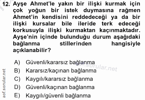 12. soru: Ayşe Ahmet'le yakın bir ilişki kurmak için çok yoğun bir istek duymasına rağmen Ahmet'in kendisini reddedeceği ya da…