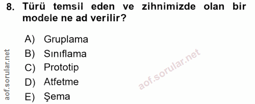 8. soru: Türü temsil eden ve zihnimizde olan bir modele ne ad verilir? A) Gruplama B) Sınıflama C) Prototip D) Atfetme E) Şema