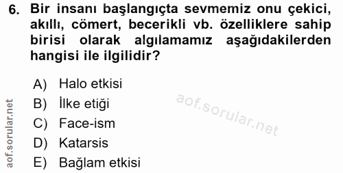 6. soru: Bir insanı başlangıçta sevmemiz onu çekici, akıllı, cömert, becerikli vb. özelliklere sahip birisi olarak algılamamız…