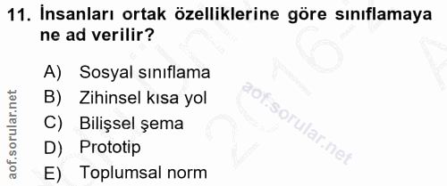 11. soru: Insanları ortak özelliklerine göre sınıflamaya ne ad verilir? A) Sosyal sınıflama B) Zihinsel kısa yol C) Bilişsel şe…