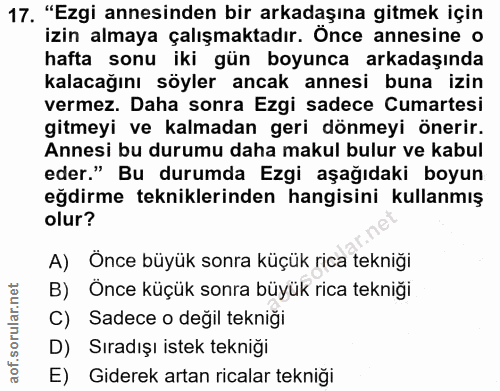 17. soru: "Ezgi annesinden bir arkadaşına gitmek için izin almaya çalışmaktadır. Once annesine o hafta sonu iki gün boyunca ark…