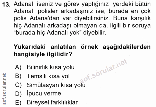 13. soru: Adanalı iseniz ve görev yaptığınız yerdeki bütün Adanalı polisler arkadaşınız ise, burada en çok polis Adana'dan var…
