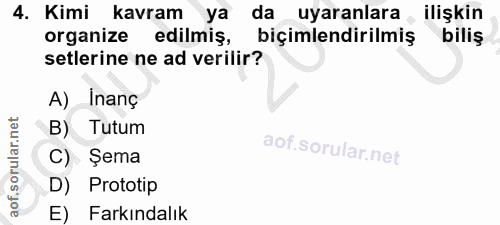 4. soru: Kimi kavram ya da uyaranlara ilişkin organize edilmiş, biçimlendirilmiş biliş setlerine ne ad verilir? A) Inanç B) Tu…