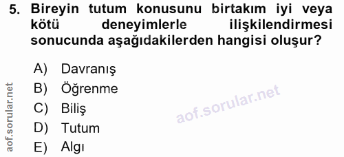 5. soru: Bireyin tutum konusunu birtakım iyi veya kötü deneyimlerle ilişkilendirmesi sonucunda aşağıdakilerden hangisi oluşur?…
