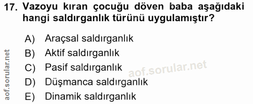 17. soru: Vazoyu kıran çocuğu döven baba aşağıdaki hangi saldırganlık türünü uygulamıştır? A) Araçsal saldırganlık B) Aktif sal…