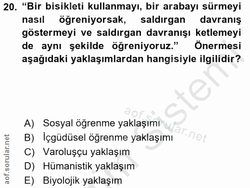 20. soru: "Bir bisikleti kullanmayı, bir arabayı sürmeyi nasıl öğreniyorsak, saldırgan davraniş göstermeyi ve saldırgan davranı…