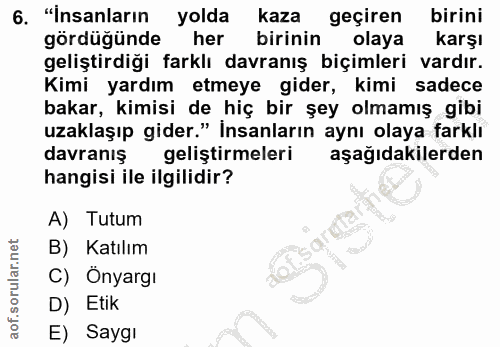 6. soru: "Insanların yolda kaza geçiren birini gördüğünde her birinin olaya karşı geliştirdiği farklı davranış biçimleri vardı…