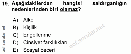19. soru: Aşağıdakilerden hangisi saldırganlığın nedenlerinden biri olamaz? A) Alkol B) Kişilik C) Engellenme D) Cinsiyet farkl…