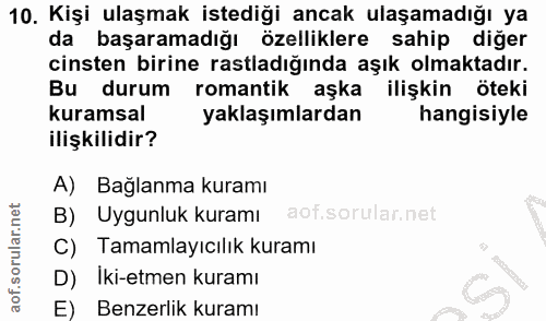 10. soru: Kişi ulaşmak istediği ancak ulaşamadığı ya da başaramadığı özelliklere sahip diğer cinsten birine rastladığında aşık…