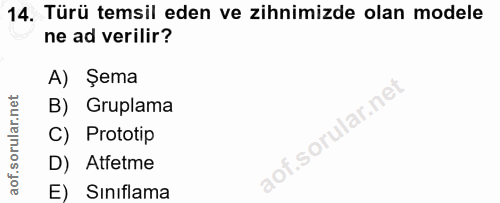 14. soru: Türü temsil eden ve zihnimizde olan modele ne ad verilir? A) Şema B) Gruplama C) Prototip D) Atfetme E) Sınıflama