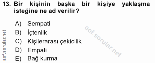 13. soru: Bir kişinin başka bir kişiye yaklaşma isteğine ne ad verilir? A) Sempati B) Içtenlik C) Kişilerarası çekicilik D) Emp…