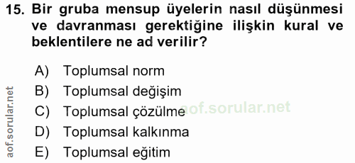 15. soru: Bir gruba mensup üyelerin nasıl düşünmesi ve davranması gerektiğine ilişkin kural ve beklentilere ne ad verilir? A) T…