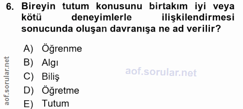 6. soru: Bireyin tutum konusunu birtakım iyi veya kötü deneyimlerle ilişkilendirmesi sonucunda oluşan davranışa ne ad verilir?…