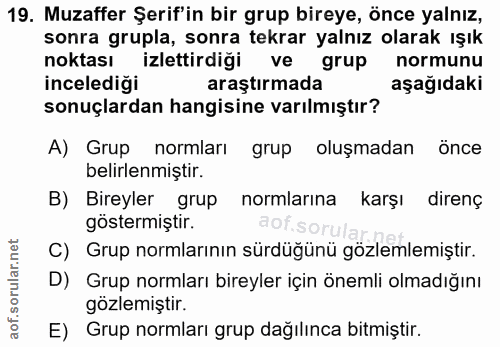 19. soru: Muzaffer Şerif'in bir grup bireye, önce yalnız, sonra grupla, sonra tekrar yalnız olarak ışık noktası izlettirdiği ve…