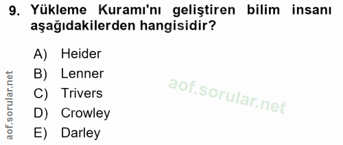 9. soru: Yükleme Kuramı'nı geliştiren bilim insanı aşağıdakilerden hangisidir? A) Heider B) Lenner C) Trivers D) Crowley E) Da…