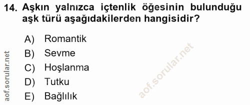 14. soru: Aşkın yalnızca içtenlik öğesinin bulunduğu aşk türü aşağıdakilerden hangisidir? A) Romantik B) Sevme C) Hoşlanma D) T…