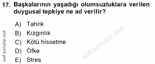 17. soru: Başkalarının yaşadığı olumsuzluklara verilen duygusal tepkiye ne ad verilir? A) Tahrik B) Kızgınlık C) Kötü hissetme…