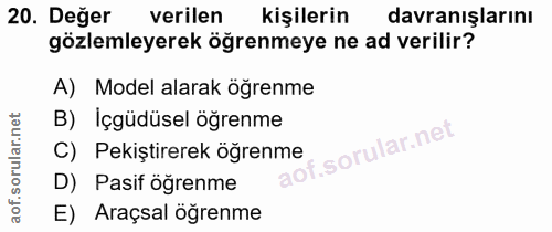20. soru: Değer verilen kişilerin davranışlarını gözlemleyerek öğrenmeye ne ad verilir? A) Model alarak öğrenme B) Içgüdüsel öğ…