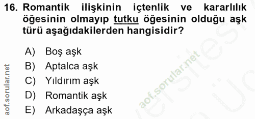 16. soru: Romantik ilişkinin içtenlik ve kararlılık öğesinin olmayıp tutku öğesinin olduğu aşk türü aşağıdakilerden hangisidir?…