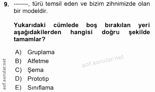 9. soru: ---, türü temsil eden ve bizim zihnimizde olan bir modeldir. Yukarıdaki cümlede boş bırakılan yeri aşağıdakilerden ha…