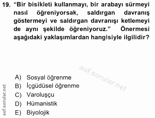 19. soru: "Bir bisikleti kullanmayı, bir arabayı sürmeyi nasıl öğreniyorsak, saldırgan davranış göstermeyi ve saldırgan davranı…
